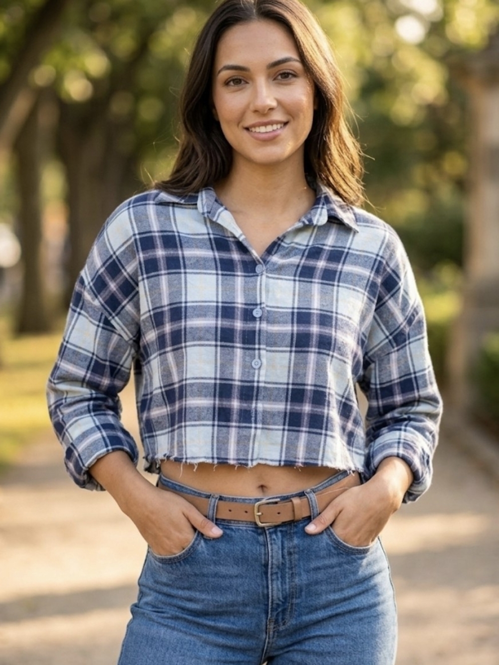 Forever 21 Blue Plaid Cropped Button-Up Top